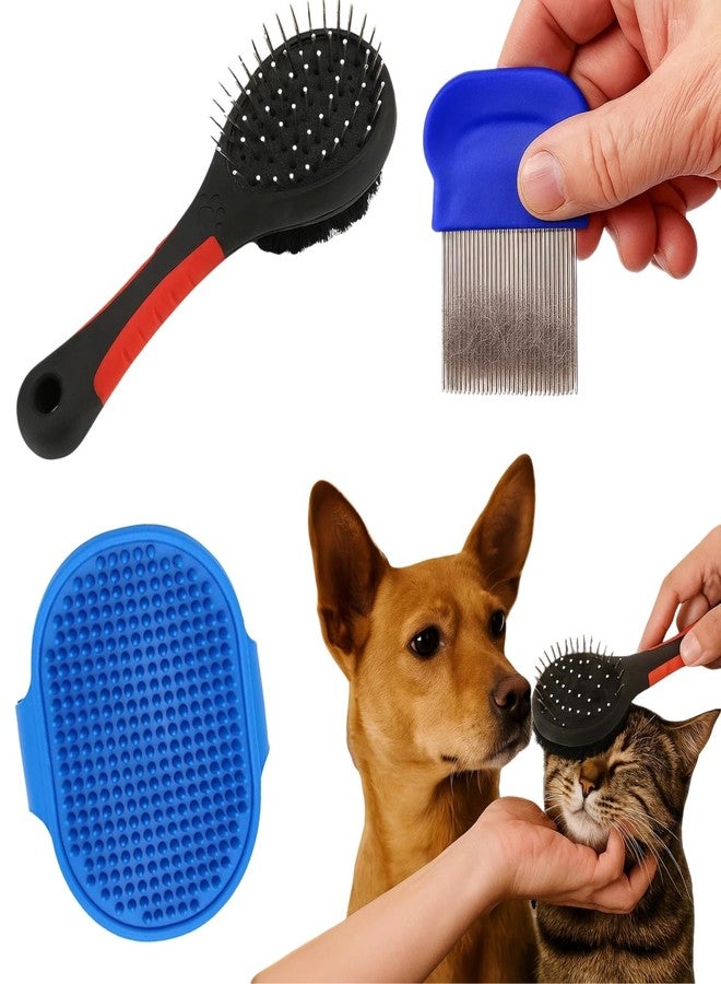 Wiggleboo 3-in-1 Pet Bathing Grooming Combo | Double Side Dog & Cat Brush + Palm Rubber Deshedding Comb for Massage | Tick, Flea & Lice | Long Metal Pin Flea Comb | Grooming Kit for All Pets (Random) - Image 1